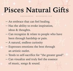 a pink background with the words pisces natural gifts written in black and white