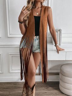 Autumn/Winter Sleeveless Long Black Fringe Boho Style Casual Jacket For Women Western Tops Black Casual  Sleeveless Woven Fabric Plain,Striped vest Slight Stretch  Women Clothing, size features are:Bust: ,Length: ,Sleeve Length: Striped Vest, Denim And Diamonds, Striped Vests, Western Tops, Mode Boho, Jacket For Women, Black Fringe, Mode Inspo, Boho Stil