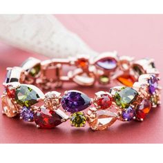 Rose Gold Color Multi Cz Bangles Bracelet Color Chain Rhinestones Length - 19cm Elegant Pink Metal Crystal Bracelet, Elegant Pink Chain Bracelet For Party, Elegant Multicolor Metal Chain Bracelet, Jeweled Cubic Zirconia Crystal Bracelet, Crystal Bracelets With Stones For Parties, Elegant Multicolor Crystal Bracelet, Party Cubic Zirconia Bracelets With Jewels, Party Bracelets With Cubic Zirconia Jewels, Party Bracelets With Cubic Zirconia Stones