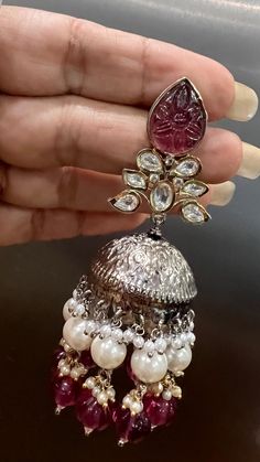 Silver & Gold Jhumka with quartz stone and pearl strings Luxury Kundan Fusion Jhumkas, Luxury Fusion Style Jhumkas With Latkans, Luxury Kundan Jhumkas For Festive Season, Pearl Strings, Gold Jhumka, Brass Gold, Quartz Stone, Gold Gold, Blue And Silver