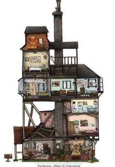 a drawing of a house with many floors and rooms on the top floor, all connected to each other