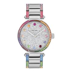 From COACH, this lovely Cary watch will monitor your valuable time with a dazzling measure of glamour. Featuring a 34mm stainless steel case and bracelet with mineral crystal and a push-button deployment clasp, this remarkable timepiece is as resilient as it is beautiful, with water-resistance up to 3 bar. It is powered by 2-hand quartz movement. The round rainbow pave crystals set in the bezel, as hour markers on the silver glitter dial, and in the bracelet's outer links are sure to complement Luxury Multicolor Watches With Diamond Hour Markers, Multicolor Formal Watch With Diamond Hour Markers, Multicolor Watches With Diamond Hour Markers And Round Dial, Multicolor Watch With Diamond Hour Markers, Multicolor Watches With Diamond Hour Markers, Coach Watch With Diamond Hour Markers, Coach Watches With Diamond Hour Markers And Round Dial, Luxury Coach Watches With Polished Finish, Luxury Silver Coach Watch