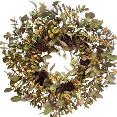 a wreath with pine cones and green leaves