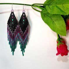 "Seed Bead Earrings 4 inch long.Flowing beads earrings.Bohemian dangle beaded earrings. with fringe are made of high quality Czech and Japanese seed beads. long earrings.Bead weaving techniques. Colors: Black,Purple amethyst,Turquoise,Green. ! Details ! Made with quality Japanese and Czech seed beads ! Professional threads for weaving with beads Tytan and Fireline. ! Length 4 inches ( 12cm) ! Sterling silver plated ear wire. Simple sterling silver ear wire 925 are included with each earrings. ! Bohemian Black Beaded Dangle Jewelry, Adjustable Purple Bohemian Tassel Earrings, Bohemian Purple Dangle Tassel Earrings, Purple Long Drop Beaded Earrings With Dangling Beads, Purple Jewelry With Beaded Fringe And Round Beads, Purple Beaded Fringe Dangle Tassel Earrings, Purple Beaded Fringe Tassel Earrings, Purple Beaded Dangle Tassel Earrings, Unique Beaded Fringe Dangle Jewelry