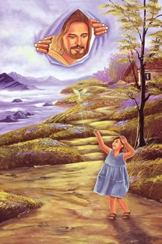 a painting of jesus holding his hands up to the sky above a path with trees and mountains in the background