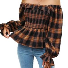 Bmjl Nwt Brown Black Plaid Square Neck Puff Sleeve Peplum Flannel Top, Size L. Pit To Pit 18"(Unstretched), Shoulder To Hem 24", Smocked Bodice, Ruffle Hems, On Shoulder Or Off. Casual Brown Fall Blouse, Fitted Brown Winter Blouse, Trendy Plaid Blouse For Winter, Trendy Plaid Winter Blouse, Fitted Brown Blouse For Winter, Casual Brown Blouse For Winter, Fitted Plaid Blouse For Fall, Trendy Brown Blouse For Fall, Fall Plaid Top With Ruffles