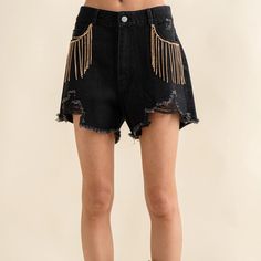 Brand New With Tags! These Distressed Denim Shorts Make A Stylish And Comfortable Addition To Any Wardrobe. Crafted With A Sophisticated Black Hue, The Frayed Detail And Rhinestone Accents Give These Shorts A Unique Look. The Fringed Hem Provides A Delicate Movement That Adds A Fashionable Touch. Distressed Frayed Detail Bottom With Front Fringe Rhinestone Pocket Denim Shorts 85% Cotton/15% Polyester Chic Distressed Denim Jean Shorts, Edgy Denim Jean Shorts, Trendy Bottoms With Frayed Hem For Night Out, Casual Jeans With Rhinestone Fringe, Casual Cutoff Bottoms With Rhinestone Fringe, Chic Cutoff Bottoms For Night Out, Edgy Cutoff Shorts For Night Out, Chic Denim Jean Shorts For Night Out, Edgy Cropped Jeans For Night Out