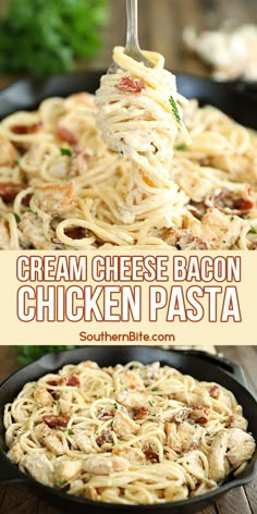 chicken pasta in a skillet being lifted with a fork from the skillet and then topped with bacon