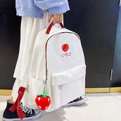 Fashion Strawberry Backpack PN2697 Trendy Canvas Backpack With Large Capacity, Portable Canvas Satchel Bag For School, Portable Canvas Satchel For School, Trendy Bags For Back To School, Trendy Back To School Laptop Bag, Trendy Canvas Bag For Students, School Satchel Canvas Bag, Trendy Laptop Bag For Back To School, White Rectangular Laptop Bag For School