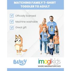 Come meet Bluey the 6 year old Blue Heeler pup and her younger sister Bingo! Watch Bluey and Bingo come to life through your little one’s friendly and fun personality. Your child is going to love playing indoors or outdoors in their new Bluey Graphic T-Shirt. Blue Family Matching T-shirt With Cartoon Print, Family Matching Blue T-shirt With Cartoon Print, Playful Funny Print Family T-shirt, Playful Cotton Family T-shirt, Cute Blue Tops For Family Occasions, Blue Family Matching T-shirt With Character Print, Playful Graphic Print T-shirt For Family, Funny Blue Tops For Playtime, Cute Cartoon Print Family T-shirt