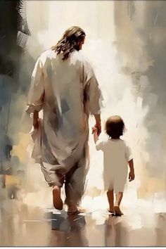 a painting of jesus walking with his son