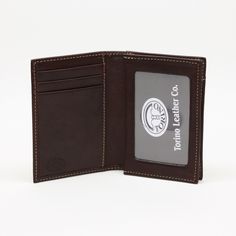 Italian tumbled full grain glove leather gusseted card case 3 pockets on one side for credit cards/ID Clear window for driver's license 1 gusseted pocket on other side Comes gift boxed Dimensions: 3.125" x 4.25" Imported Business Leather Trifold Wallet With Id Window, Classic Trifold Wallet With Card Slots, Classic Rectangular Trifold Wallet With Card Slots, Classic Trifold Card Holder With Smooth Grain, Classic Bifold Card Holder With Interior Slots, Classic Bifold Card Holder With Id Window, Classic Trifold Card Holder With Id Window, Business Leather Trifold Wallet With Card Slots, Classic Brown Card Holder With Slots