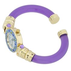 The beauty of Venice is just a glimpse away with our Murano Glass Bangle Watch. Combining the best of Venetian present and past, this unique timepiece showcases Murano's famous ancient craftsmanship in tune with today's fashion and contemporary Italian style. The high quality Italian workmanship is evident in every detail. The face of the watch is handcrafted using Millefiori glass-making technique (Millefiori means "a thousand flowers" in Italian). Tiny mosaic glass pieces with catchy designs a Watches With Bracelet Strap And Round Dial, Fashion Watch With Bracelet Strap And Round Dial, Watch With Bracelet Strap And Round Dial, Italian Leather Handbags, Murano Glass Jewelry, Glass Making, Italian Bags, Glass Bangles, Bangle Watches