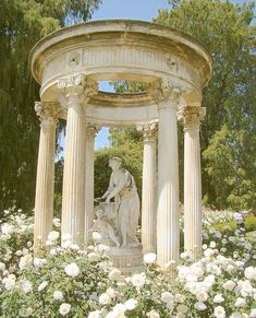 a fountain surrounded by white flowers and trees