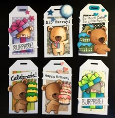 four tags with teddy bears on them for birthdays