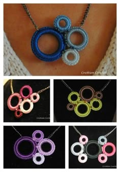 four different necklaces are shown with the same color and shape as they appear to be made out of yarn