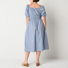 This a.n.a women's striped a-line dress has a fresh boho aesthetic that you'll love wearing on warm-weather days. Made from soft modal cotton, this midi dress has a gathered scoop neck and tiered bustier, plus short ruffled trim sleeves. Wear it with flat or heeled sandals. Neckline: Scoop NeckSleeve Length: Short SleeveSleeve Style: Ruffled SleeveApparel Length: 42 Inches - Back, 42.5 Inches - FrontDress Length: Midi LengthFiber Content: 55% Cotton, 45% ModalFabric Description: Plain Weave, Pl… Casual A-line Maxi Dress With Smocked Back, Spring Cotton Midi Dress With Smocked Back, Chic Dresses With Smocked Back Relaxed Fit, Chic Dresses With Smocked Back And Relaxed Fit, Chic Relaxed Fit Dress With Smocked Back, Spring A-line Maxi Dress With Relaxed Fit, Casual A-line Midi Dress With Smocked Back, Midi Dress With Smocked Back And Relaxed Fit, Relaxed Fit Midi Dress With Smocked Back