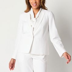 This Black Label by Evan-Picone women's white single-breasted suit jacket is designed to keep you looking stylish and sharp. It's crafted from a smooth stretch-crepe for a classic-fit and features long vent sleeves, two front slip pockets and a button closure. Pair it with the matching dress pants for a chic monochromatic look. Front Style: Single BreastedFeatures: Stretch FabricClosure Type: ButtonFit: Classic FitPockets: 2 Front Slip PocketsSleeve Length: Long SleeveSleeve Style: Vent SleeveAp Suit Jackets For Women, Stretch Crepe, Suit Jackets, Matching Dresses, Black Label, Single Breasted, Dress Pants, Suit Jacket, Color White