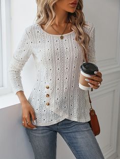 Women's 2024 Crew Neck Casual T-Shirt Long Sleeve Hollow Out White Shirt Cheap Clothing, Women Shirts Blouse, Casual T Shirt, Cheap Clothes, Clothing Women, Casual T Shirts, White Shirt, Shirt Blouses, Long Sleeve Shirts