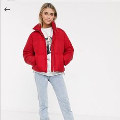 Nwot New Look Red Puffer From Asos Short Puffer Jacket Outfit, Red Puffer Jacket Outfit, Ireland Winter, Puffer Jacket Outfits, Red Puffer Coat, Puffer Jacket Outfit, Red Puffer Jacket, Short Puffer Jacket, Red Puffer