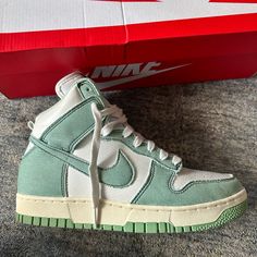 1985 Denim Green Nike Dunks New In Box. Perfect Condition. Light Green Dunks, Green Nike Dunks, Nike Dunks, Womens Shoes Sneakers, Light Green, Nike Shoes, Nike Women, Shoes Sneakers, Women Shoes