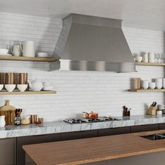 a modern kitchen with white brick walls and wooden counter tops, stainless steel appliances and open shelving