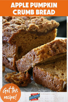 an advertisement for apple pumpkin crumb bread with the words get this recipe on it