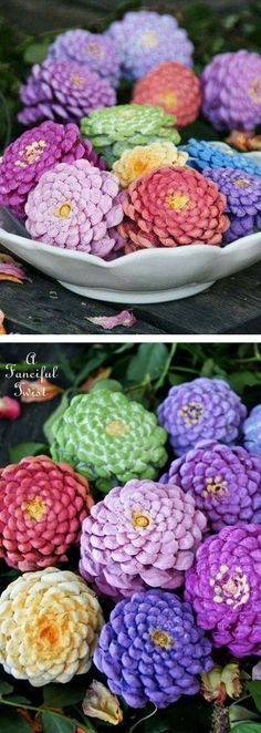 two plates filled with colorful flowers on top of each other