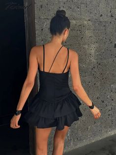 Tavimart Fashion Summer V-neck Spaghetti Strap Ruffles Black Mini Dress Streetwear 2023 Female High Waist Backless Party Club Dresses Streetwear 2023, Club Dresses Black, Dress Streetwear, Black Mini Dress, Club Dresses, Fashion Summer, Black Mini, Mini Black Dress, Dress Brands