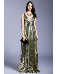 Gold A-line V-neck Sequined Floor-length Evening Dress Glamorous Spring Evening V-neck Dress, Gold V-neck Midi Dress For Party, Gold V-neck Midi Dress For Party Season, Glamorous V-neck Spring Evening Dress, Chic A-line Maxi Dress For Party Season, Elegant Gold V-neck Maxi Dress, Chic V-neck Evening Maxi Dress, Gold V-neck Evening Dress For Summer, Spring Evening V-neck A-line Dress