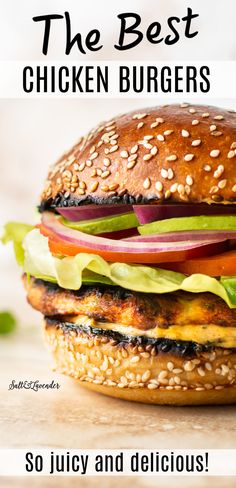 a chicken burger with lettuce, tomato and onion on it is shown in this advertisement