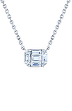 This 18-karat-gold necklace brings delicate shine to everyday looks with a square pendant illuminated by circular and emerald-cut diamonds. 16" length; 1/4" square pendant Lobster clasp closure Total diamond weight: 0.28ct. Color: G-H Clarity: VS2-SI1 18k gold/diamond Made in the USA >Diamond Guide Rectangular Diamond Necklace With Baguette Diamonds, Luxury Rectangular Necklaces With Baguette Diamonds, Luxury Rectangular Baguette Diamond Necklaces, Rectangular Brilliant Cut Fine Jewelry Necklaces, Fine Jewelry Rectangular Brilliant Cut Necklaces, White Gold Emerald Cut Baguette Diamond Necklaces, Fine Jewelry Necklaces With Rectangular Brilliant Cut, Rectangular Pendant With Baguette Diamonds, Luxury Necklace With Brilliant Cut Rectangular Shape