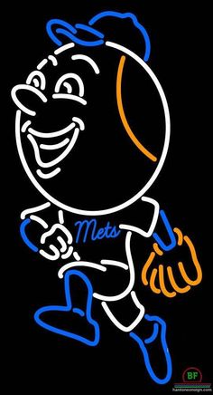 a neon sign that says mets with a baseball player holding a ball in his hand