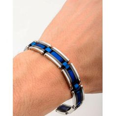 Men's Black, Blue Plated & Steel Links Bracelet Modern Magnetic Bracelet Jewelry, Blue Formal Jewelry With Bracelet Strap, Blue Jewelry With Bracelet Strap For Formal Occasions, Adjustable Blue Bracelet For Formal Occasions, Adjustable Blue Rectangular Bracelets, Blue Metal Jewelry With Bracelet Strap, Blue Metal Bracelet With Strap, Blue Metal Bracelet Jewelry, Blue Metal Bracelet With Strap Detail