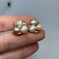 Vintage 14k Gold Pearl And Diamond Earrings - Post Are Screw Backs With 14k Gold Nuts - One Earring Has 2 Diamonds The Other Does Not Natural Pearls In Great Condition With Two Tiny Natural Diamond , Metal Test 14k By Professional Jeweler The Earring Post Wind On And Off , With Screw Post Anf Meduim Size Butterfly Backs Metal 14k Gold Elegant Rose Gold Multi-stone Earrings, Gold Diamond Multi-stone Earrings, Gold Multi-stone Diamond Earrings, Gold Diamond Earrings With Multi-stone Detail, Elegant Multi-stone Diamond Earrings For Anniversary, Elegant Oval Cluster Earrings In Yellow Gold, Elegant Multi-stone 14k Gold Earrings, Luxury 14k Gold Cluster Earrings For Anniversary, Elegant Yellow Gold Multi-stone Earrings