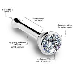 a diagram showing the features of a nose ring and a piercing bar with an image of a diamond on it