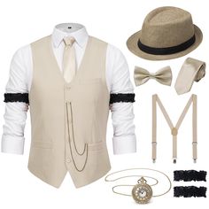 PRICES MAY VARY. This 1920s Mens Outfit includes: 1 x 1920s Mens Fedora Hat; 1 x The Great Gatsby Vest; 1 x Vintage Pocket Watch(No Batteries); 1 x Pre Tied Bow Tie; 1 x Tie; 1 x Y-back Elastic Belt Suspenders; 2 x Black Armbands; Notice: The white shirt is not included in the set Size of the 1920s Mens Costume Accessories: 1920s hat circumference-22.8” and one size fits most; Vest-Please check the vest size carefully and choose the best fit for you; Suspenders are elastic and adjustable;1920s a 1920s Men Accessories, Great Gatsby Themed Party Outfit For Men, Luxury Gold Suit And Tie Accessories For Semi-formal Occasions, Mens 1920s Fashion, Mens Gatsby Costume, Roaring 20s Costumes, 1920s Mens Clothing, 20s Hat, 1920s Mens Costume