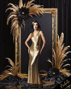 a woman standing in front of a mirror wearing a gold dress with feathers on it