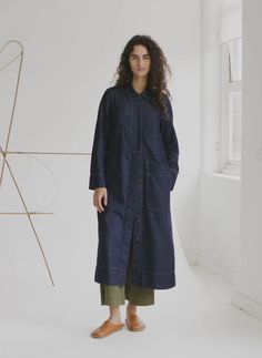 Cotton Hemp Denim Dress | Indigo | TOAST Washed Indigo Denim Dress, Washed Button-up Denim Dress With Relaxed Fit, Non-stretch Cotton Denim Dress In Medium Wash, Indigo Button-up Cotton Denim Dress, Indigo Midi-length Cotton Denim Dress, Utilitarian Style, Women Nightwear, Mens Loungewear, Loungewear Women