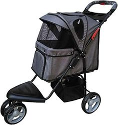 a dog in a stroller that is grey and has a red handlebar on it