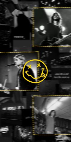 black and yellow collage with images of the band members in front of microphones