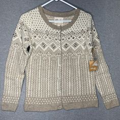 Telluride Clothing Co Sz M Fair Isle Sweater Cardigan Lambswool Embellished Nwt Cream Fair Isle Pattern Outerwear For Fall, Cream Fair Isle Outerwear For Fall, Scandinavian Long Sleeve Sweater For Fall, Casual Fair Isle Sweater Coat, Nordic-style Fitted Fall Outerwear, Nordic Style Fitted Fall Outerwear, Nordic Fitted Outerwear For Fall, Wool Fair Isle Pattern Fall Cardigan, Nordic Knit Cardigan For Fall