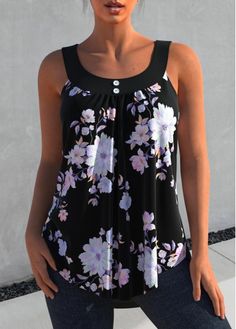 Color:Black;Size:S;Package Contents:1 X Tank Top;Style:Casual;Composition:95% Polyester, 5% Spandex;Washing Instructions:Hand Wash /Machine Washable;Tank & Camis Type:Tank Top;Clothing&apos;s Length:Long;Neckline:Straps;Pattern Type:Floral;Color Scheme:Black; Print Tops For Women, Flowy Shirts, Black Tank Top Women, Trendy Tops For Women, Pleated Tops, Tank Top Outfits, Printed Sleeveless Top, Black And Purple, Flowy Tank Tops