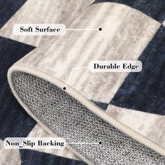 the features of a blue and white checkered rug with text describing how to use it