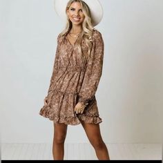 Mine Brown Long Sleeve Mini Dress Size Small Nwt Super Cute Dress Western Fall Dresses, Brown Flowy Long Sleeve Mini Dress, Chic Brown Mini Dress With Floral Print, Brown Floral Print Mini Dress For Date Night, Brown Long Sleeve, Super Cute Dresses, Western Dresses, Long Sleeve Mini, Cute Dress