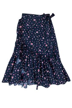 Current Boutique-Rebecca Taylor - Navy Floral Print Ruffle Wrap Skirt Sz 10 Chic Ditsy Floral Print Skirt For Spring, Chic Ditsy Floral Print Summer Skirt, Trendy Spring Dress With Flowy Skirt, Trendy Flowy Skirt Dress For Spring, Flowy Asymmetrical Spring Skirt, Spring Cotton Skirt With Ruffles, Feminine Floral Print Skirt For Spring, Spring Floral Print Flowy Skirt, Spring Floral Print Asymmetrical Skirt