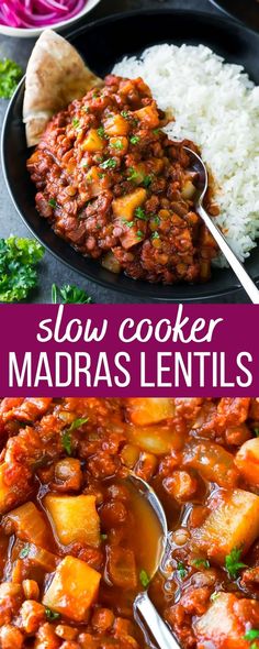 madras lentils with pita and rice Lentil Recipes Crockpot, Air Fryer Recipes Uk, Lentil Recipes Healthy, Slow Cooker Lentils, Vegan Slow Cooker, Best Vegetarian Recipes, Soup Recipes Slow Cooker, Vegan Comfort Food, Lentil Recipes