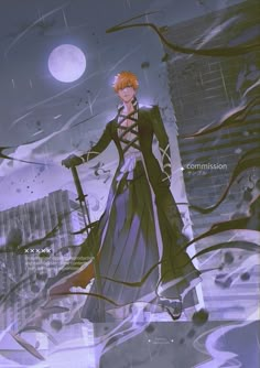 an anime character with red hair and blue eyes holding a cane in the rain, standing on a cityscape