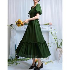 Deep green forest-colored retro dress – remulia Green Flowy A-line Chiffon Dress, Green A-line Dress For Garden Party, Dark Green Elegant Ruffle Dress, Dark Green Ruffled Dress For Party, Elegant Dark Green Ruffled Dress, Elegant Dark Green Dress With Ruffles, Vintage Midi Length Dress For Spring, Green Ruffled Midi Dress For Garden Party, Green Knee-length Chiffon Dress For Spring