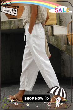 Feminine and Breezy Pants Cotton Casual Pants, Cotton Linen Pants, Fashion Bottoms, Stylish Pants, Elastic Waist Pants, Ankle Length Pants, Summer Fabrics, Summer Cotton, Outfit Casual